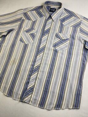 FLAW Vintage Wrangler Shirt Men 2X Blue White Pearl Snap Western Cowboy Light